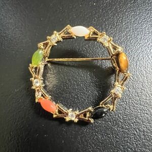 Vintage Round Brooch Faux Stone and‎ Crystal Gold Tone Pin